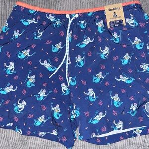 Chubbies Blue and Orange Swim Trunks with Nautical Seahorse Design